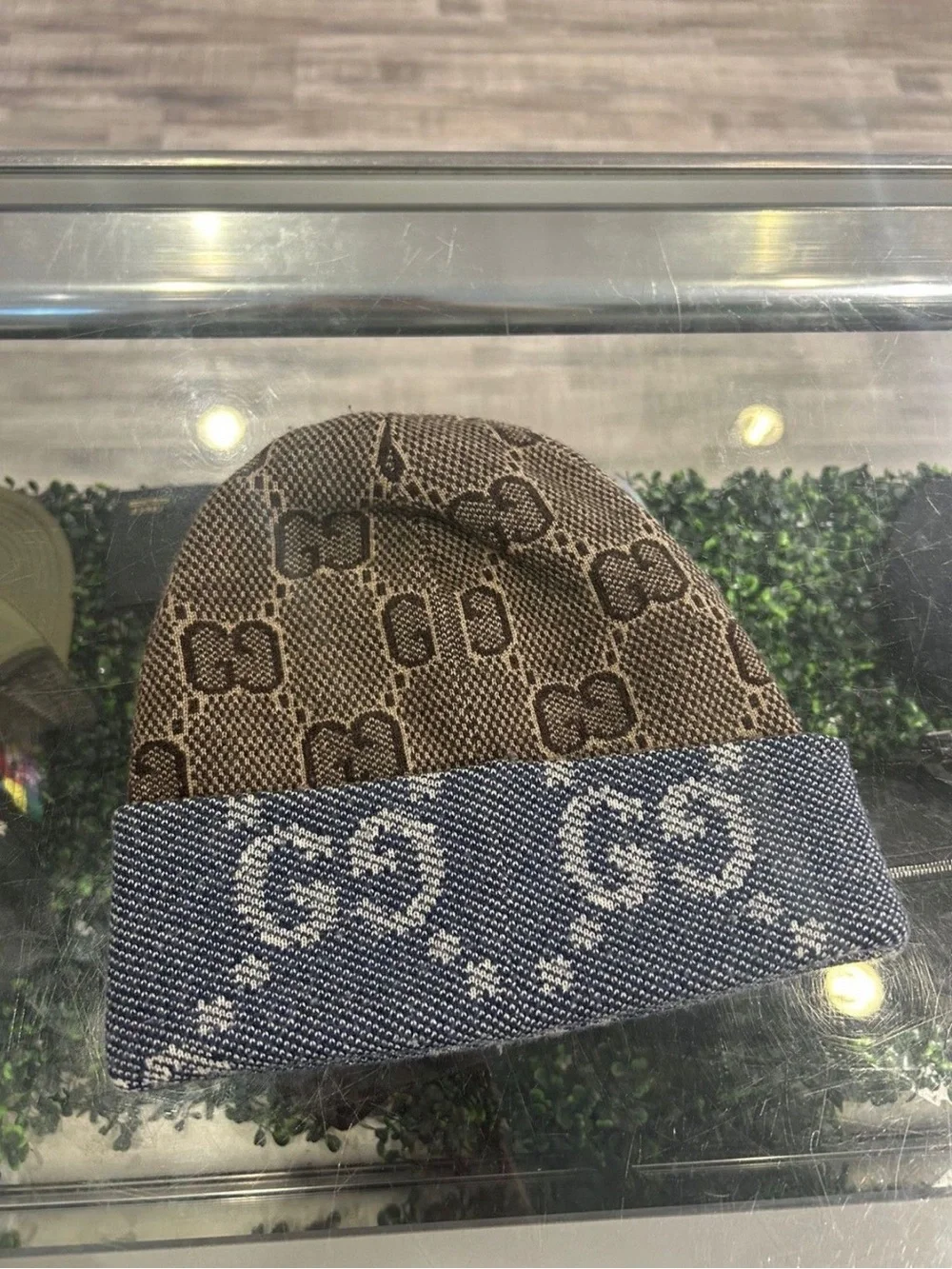 Gucci Blue Denim & Brown GG Knit Beanie